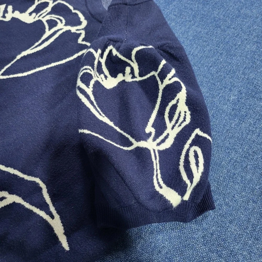 Maeve Anthropologie Maxine Puff-Sleeve Sweater Navy Blue Cream Floral Pattern XL - Picture 6 of 10